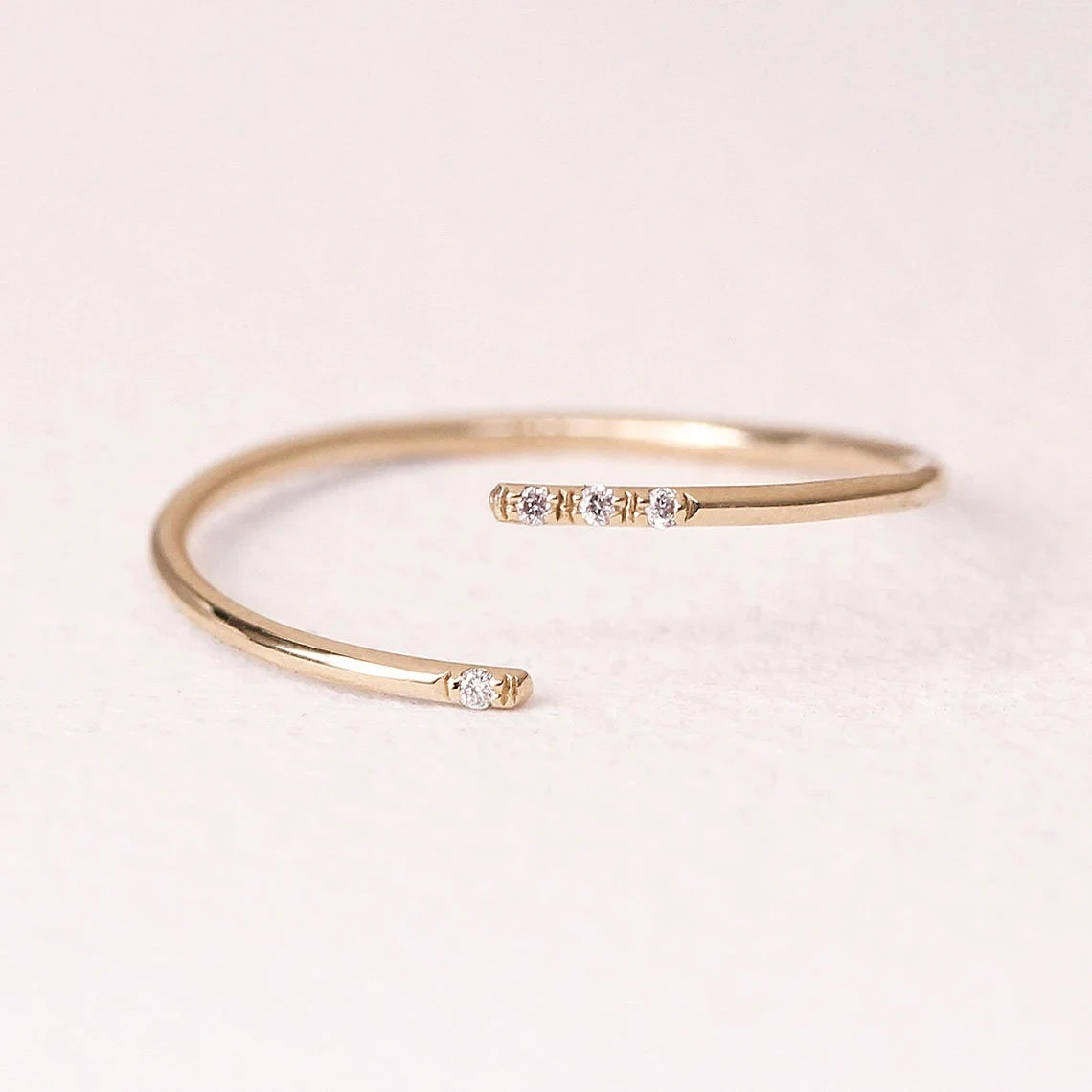 10K Solid Gold Dainty Twist Open Inset Crystal Stacking Statement Adjustable Ring Handmade Minimalist Delicate Ring Simple Unique Thin band-11423990