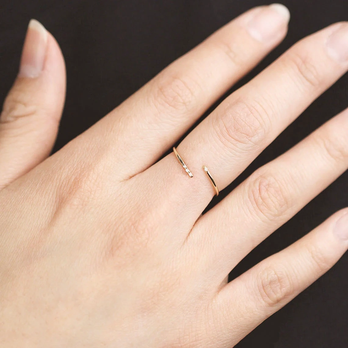 10K Solid Gold Dainty Twist Open Inset Crystal Stacking Statement Adjustable Ring Handmade Minimalist Delicate Ring Simple Unique Thin band-10 3/4 US/Uk size – V-3