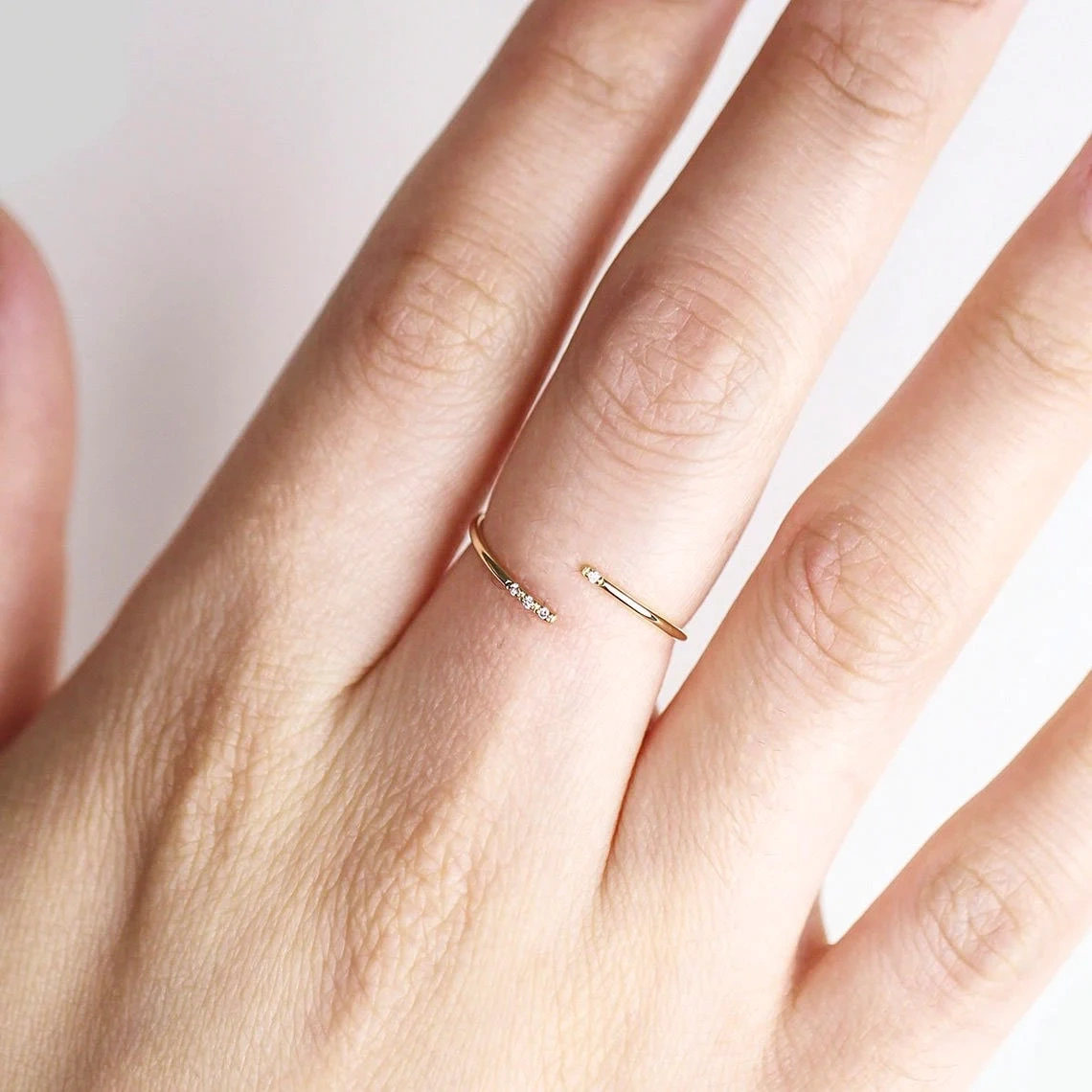 10K Solid Gold Dainty Twist Open Inset Crystal Stacking Statement Adjustable Ring Handmade Minimalist Delicate Ring Simple Unique Thin band-10 3/4 US/Uk size – V-4