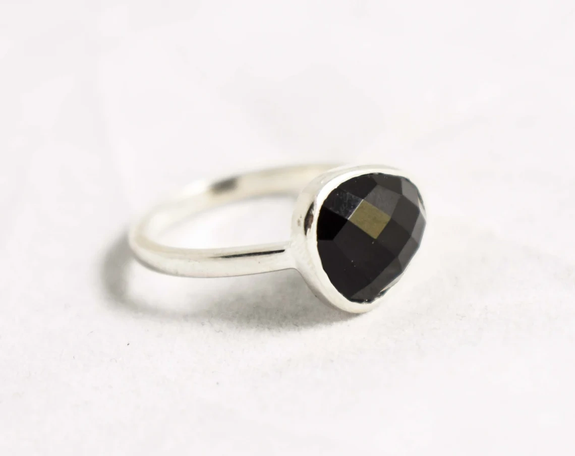 Black Onyx Studded Engagement Dainty Ring Handmade 925 Sterling Silver Unique Gemstone Ring Gift For Her Him Black Stone Charm-11424222