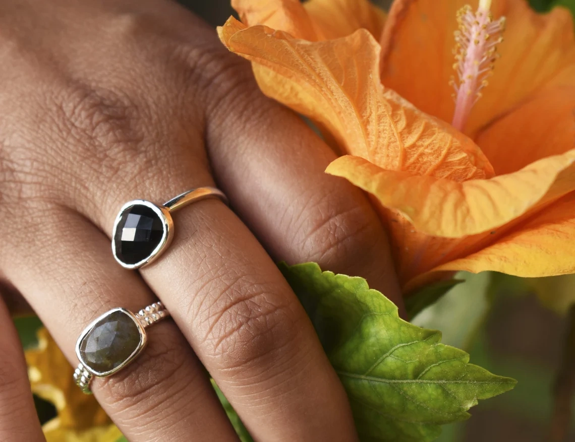 Black Onyx Studded Engagement Dainty Ring Handmade 925 Sterling Silver Unique Gemstone Ring Gift For Her Him Black Stone Charm-10 3/4 US/Uk size – V-2