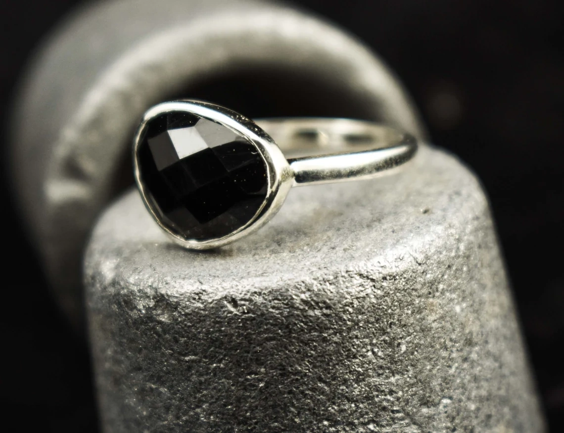 Black Onyx Studded Engagement Dainty Ring Handmade 925 Sterling Silver Unique Gemstone Ring Gift For Her Him Black Stone Charm-10 3/4 US/Uk size – V-6