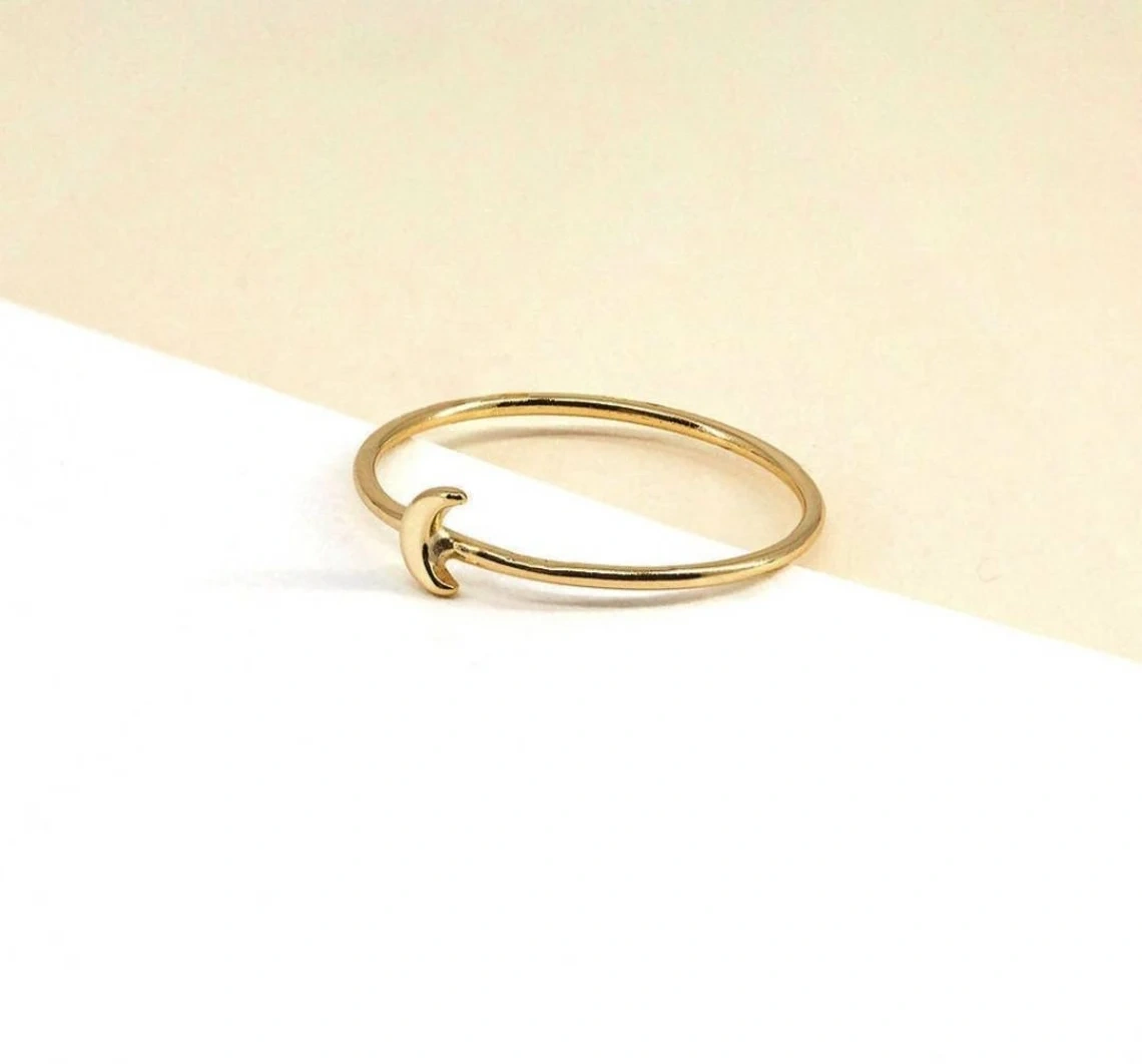 10K Solid Gold Dainty Crescent Moon Statement Ring Minimalist Delicate Light Weighted Tiny Half Moon Simple Unique Handmade Gold Ring-11424300