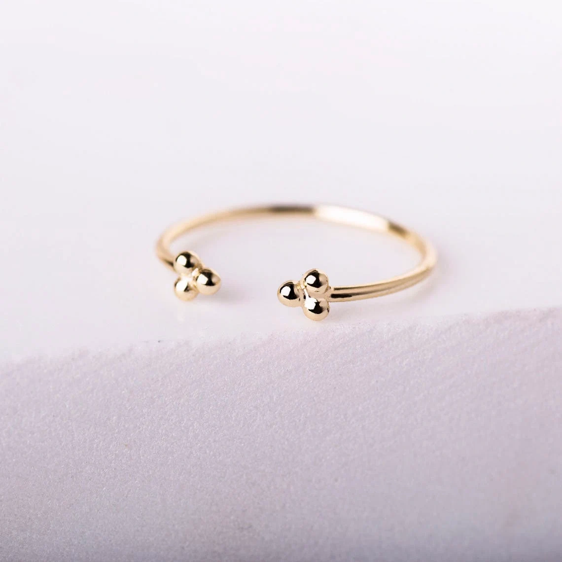 10K Solid Gold Dainty Three Ball Open Stacking Statement Adjustable Ring Love Minimalist Delicate Ring Simple Unique Handmade Open Bead Ring-11424992