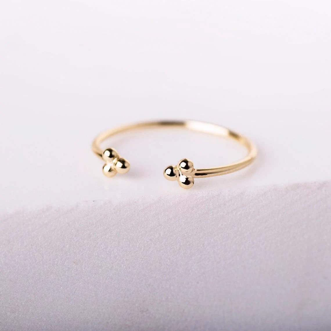 10K Solid Gold Dainty Three Ball Open Stacking Statement Adjustable Ring Love Minimalist Delicate Ring Simple Unique Handmade Open Bead Ring-10 3/4 US/Uk size – V-1