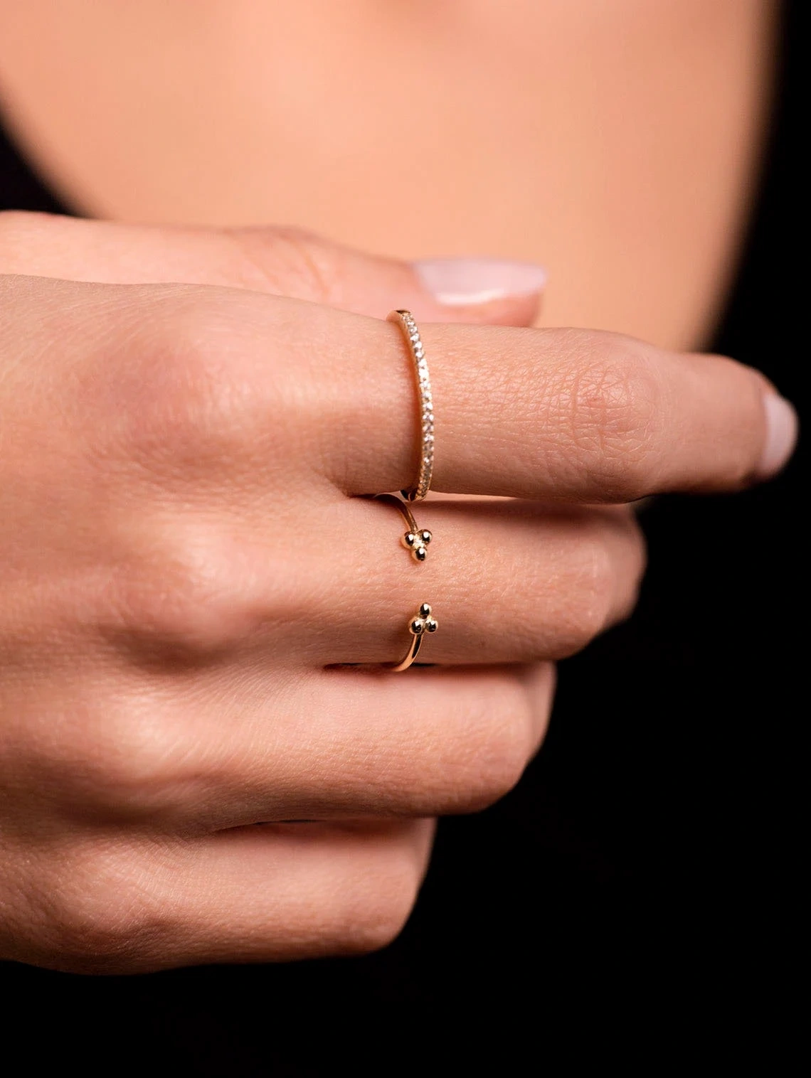 10K Solid Gold Dainty Three Ball Open Stacking Statement Adjustable Ring Love Minimalist Delicate Ring Simple Unique Handmade Open Bead Ring-10 3/4 US/Uk size – V-2