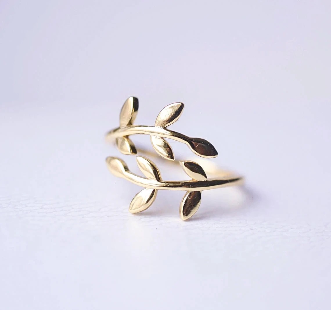 10K Solid Gold Tiny leaf Adjustable Ring Handmade Delicate Stacking Branch Vine Ring Dainty Minimalist Statement Gold knuckle Skinny Ring-11425184