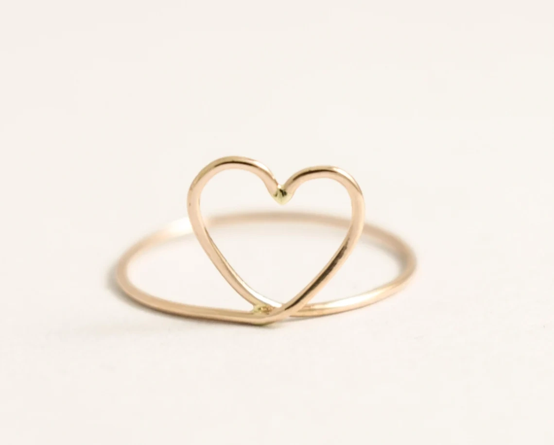 10K Gold Ring Solid Gold Heart Shape Wired Ring Stacking Dainty Love Minimalist Ring Light Weighted handmade Delicate Unique Women Ring-10 3/4 US/Uk size – V-1