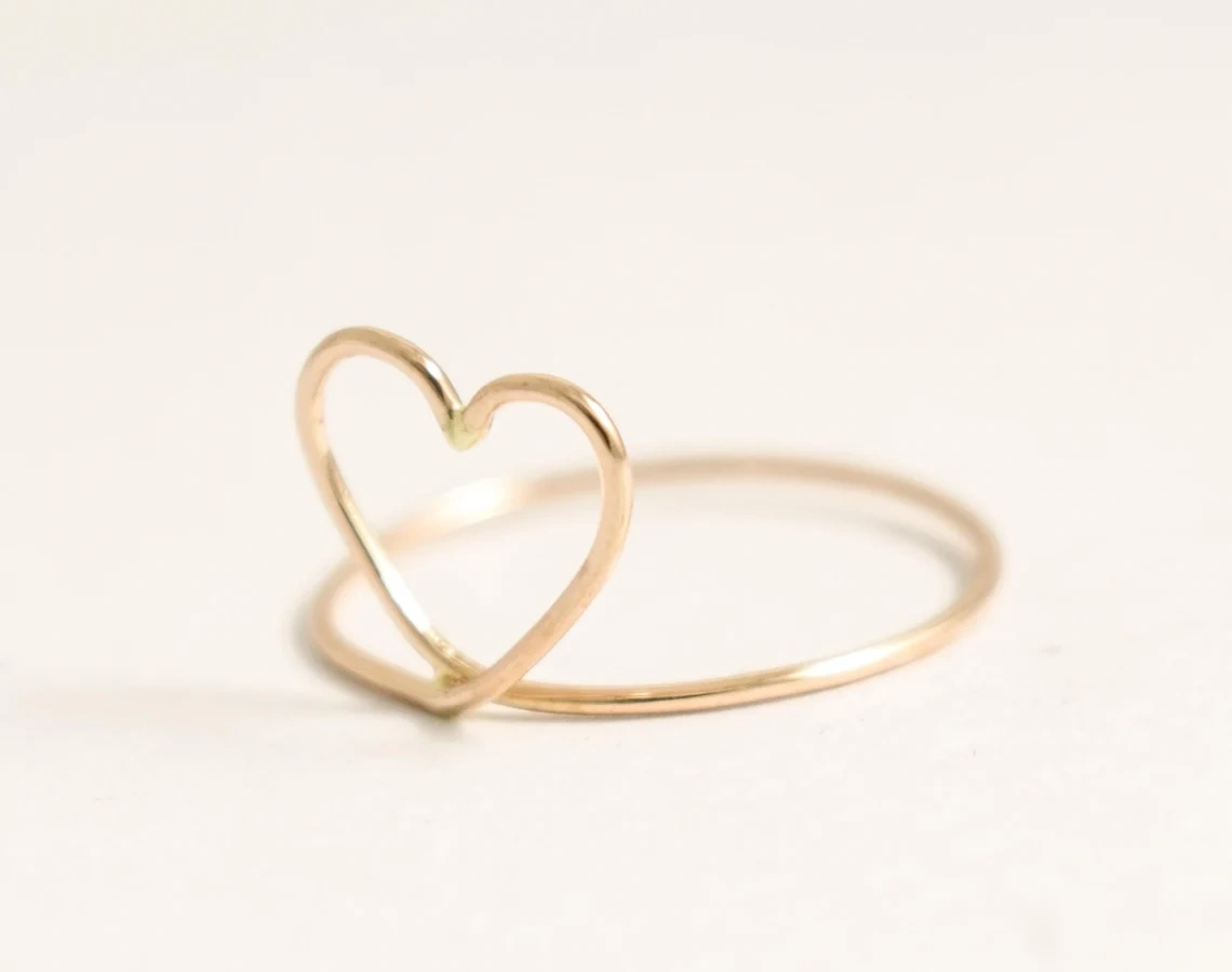 10K Gold Ring Solid Gold Heart Shape Wired Ring Stacking Dainty Love Minimalist Ring Light Weighted handmade Delicate Unique Women Ring-10 3/4 US/Uk size – V-3