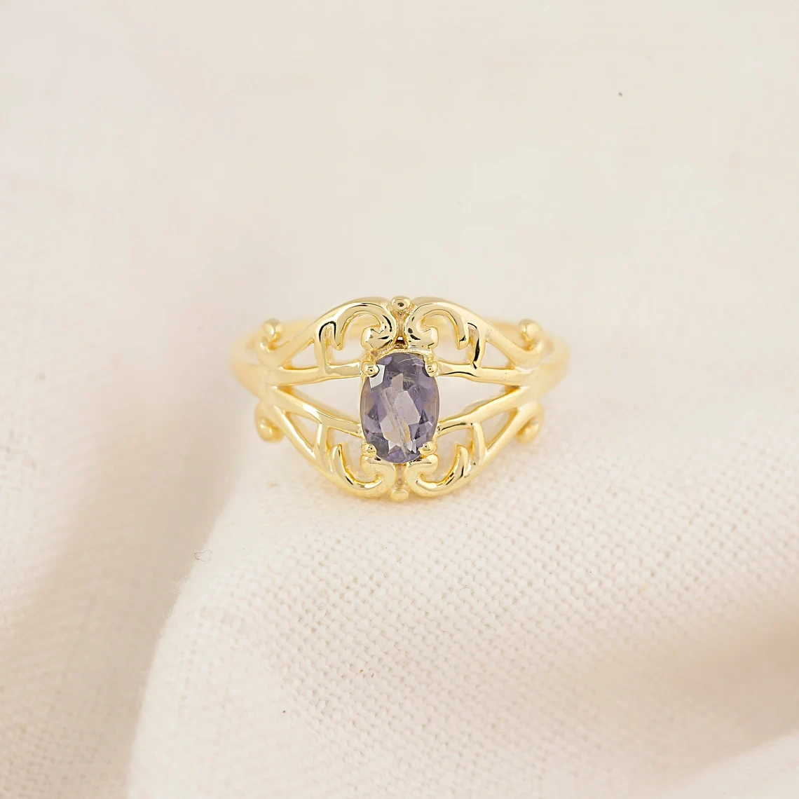 14K Solid Gold Iolite Studded Crown Ring Handmade Semi Precious Statement Stone Ring Dainty Minimal Statement Birthstone knuckle Thumb Ring-11425756