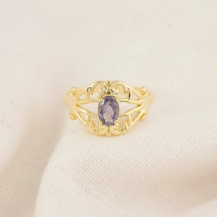 14K Solid Gold Iolite Studded Crown Ring Handmade Semi Precious Statement Stone Ring Dainty Minimal Statement Birthstone knuckle Thumb Ring