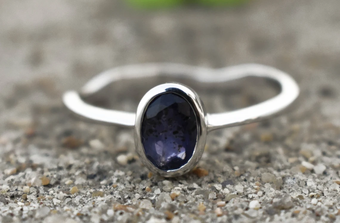 Iolite Studded Hand Carved Ring 925 Sterling Silver tone Ring Oval Stone Organic Look Ring Semi Precious Gemstone Jewel Ring-11425920