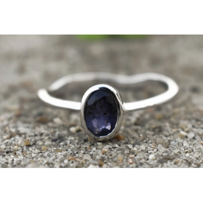 Iolite Studded Hand Carved Ring 925 Sterling Silver tone Ring Oval Stone Organic Look Ring Semi Precious Gemstone Jewel Ring