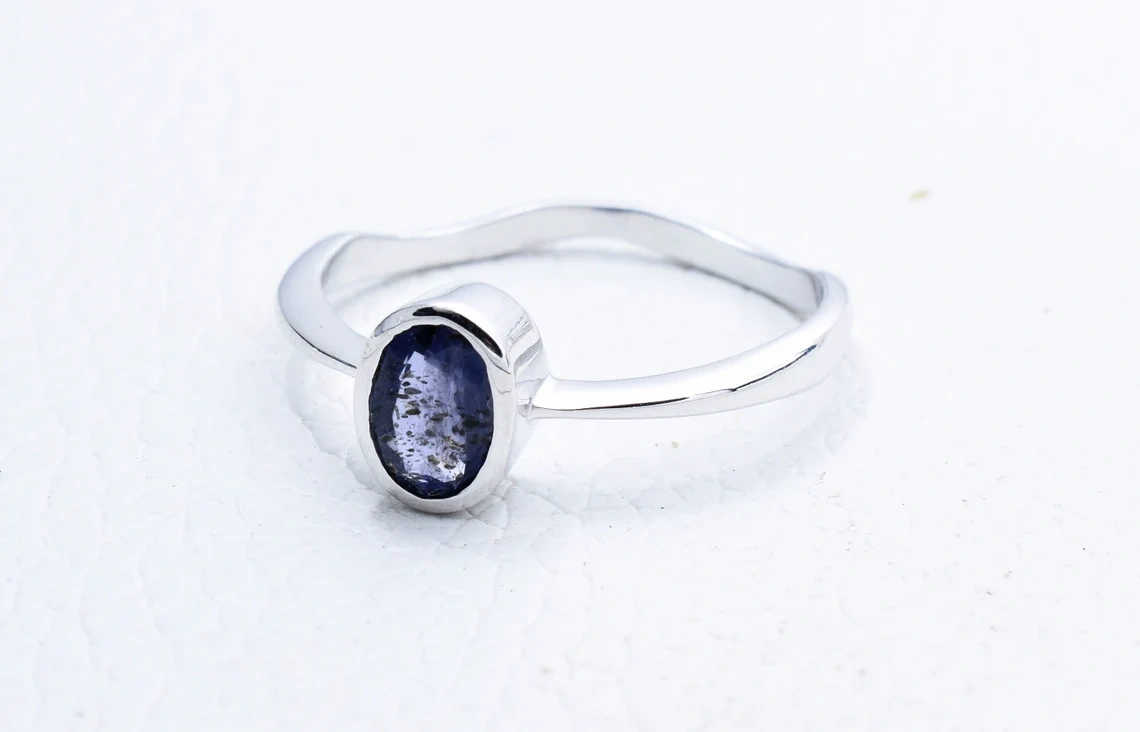 Iolite Studded Hand Carved Ring 925 Sterling Silver tone Ring Oval Stone Organic Look Ring Semi Precious Gemstone Jewel Ring-10 3/4 US/Uk size – V-6