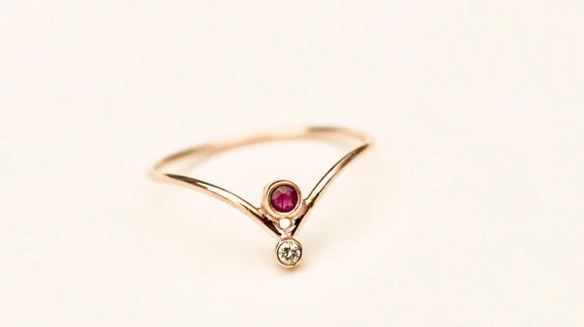 10K Solid Gold Chervron V Shape Ruby Diamond Ring Handmade Stacking Modernist Dainty Ring Minimalist Geometric pointy Unique Statement Ring-11425998