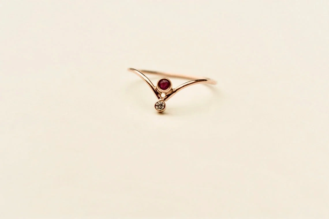 10K Solid Gold Chervron V Shape Ruby Diamond Ring Handmade Stacking Modernist Dainty Ring Minimalist Geometric pointy Unique Statement Ring-10 3/4 US/Uk size – V-1