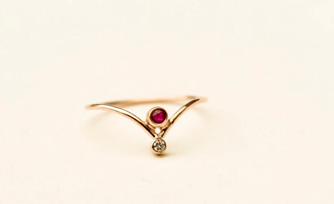 10K Solid Gold Chervron V Shape Ruby Diamond Ring Handmade Stacking Modernist Dainty Ring Minimalist Geometric pointy Unique Statement Ring-10 3/4 US/Uk size – V-2