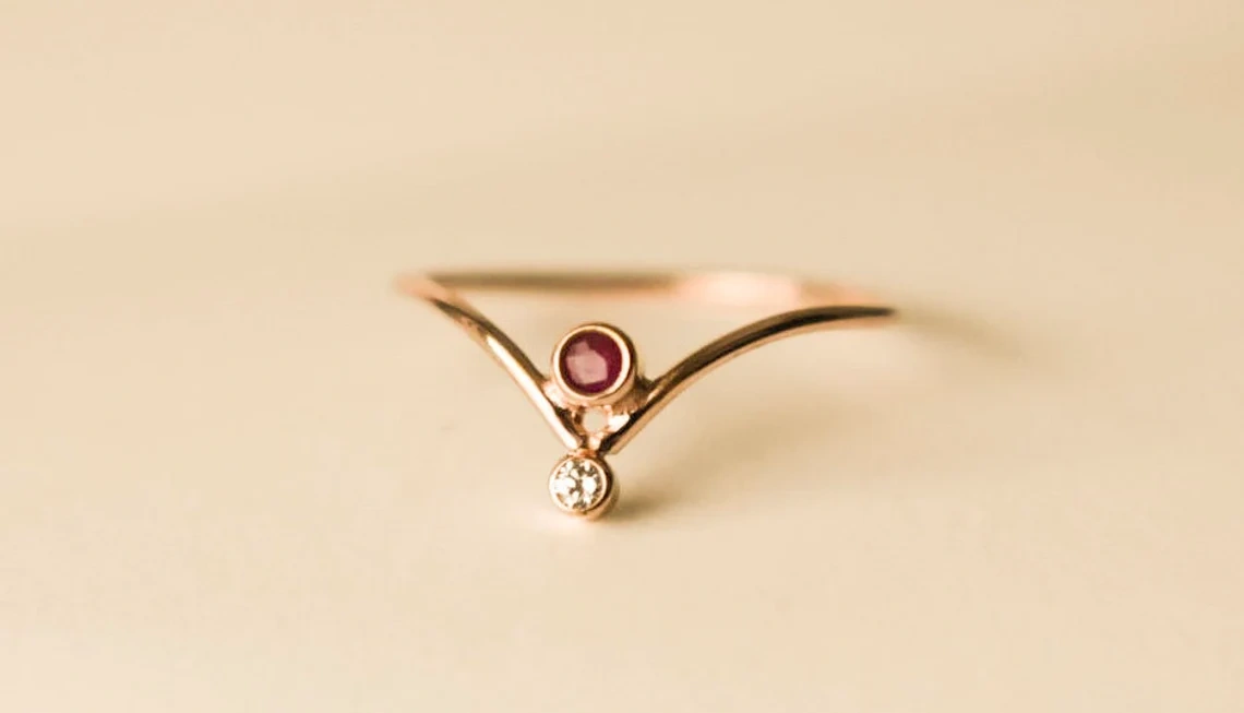 10K Solid Gold Chervron V Shape Ruby Diamond Ring Handmade Stacking Modernist Dainty Ring Minimalist Geometric pointy Unique Statement Ring-10 3/4 US/Uk size – V-3