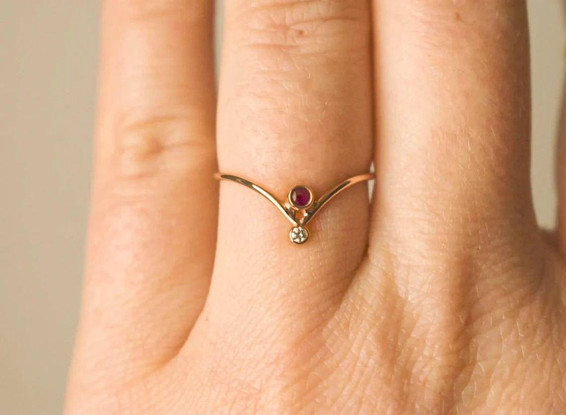 10K Solid Gold Chervron V Shape Ruby Diamond Ring Handmade Stacking Modernist Dainty Ring Minimalist Geometric pointy Unique Statement Ring-10 3/4 US/Uk size – V-4