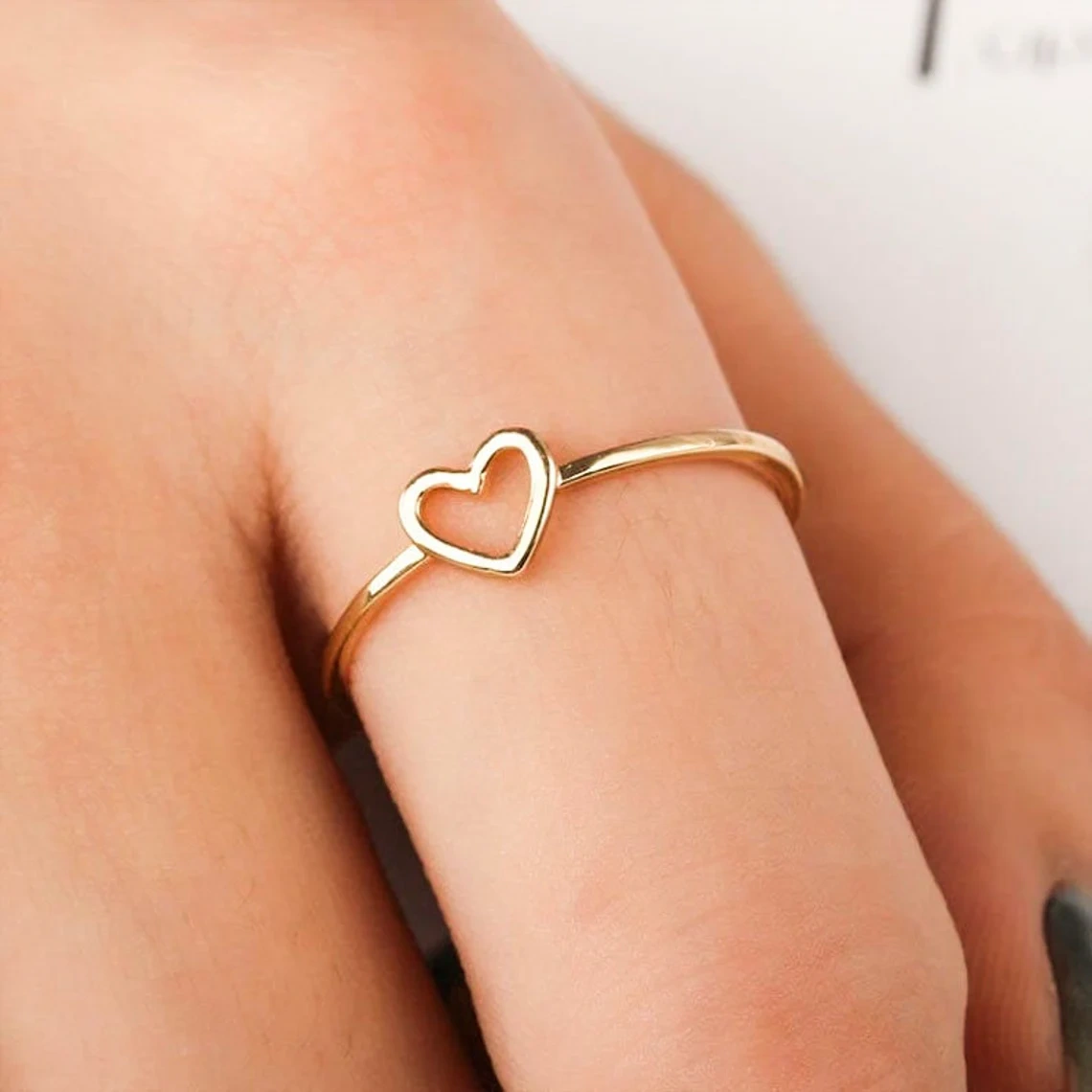 10K Solid Gold Dainty Heart Stacking Statement Ring Love Minimalist Delicate Ring Light Weighted Simple Unique Handmade Gold Open Heart Ring-10 3/4 US/Uk size – V-1