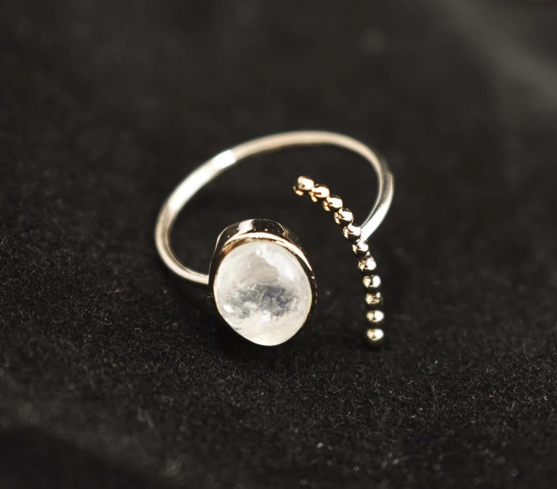 10K Gold Natural White Rainbow Cabochon Moonstone Ring Adjustable Gemstone 10K Solid Gold Dotted Ring Semi Precious Stone Ring Gift for Her-11426212