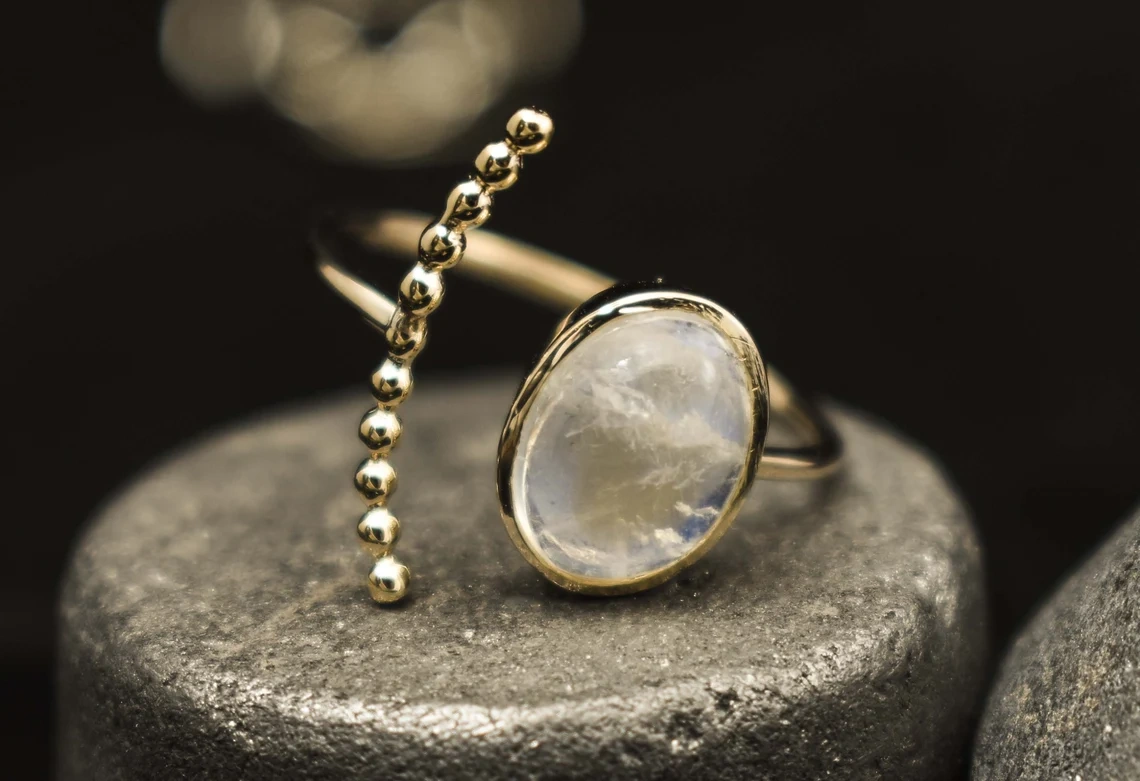 10K Gold Natural White Rainbow Cabochon Moonstone Ring Adjustable Gemstone 10K Solid Gold Dotted Ring Semi Precious Stone Ring Gift for Her-10 3/4 US/Uk size – V-3