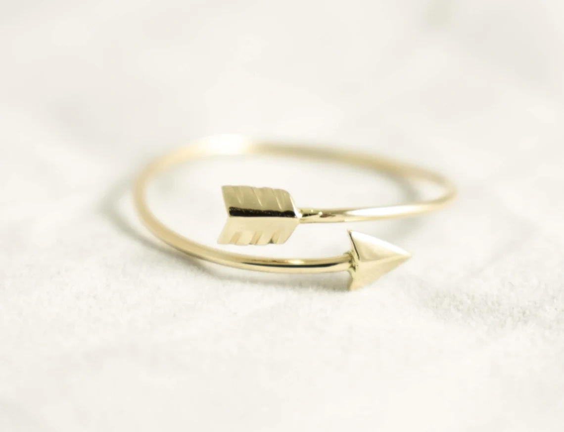 14K Solid Gold Arrow Ring Adjustable Boho Hippie Dainty Unique Minimalist Ring Light Weighted handmade Fine Ring Delicate Unisex Ring-11426436