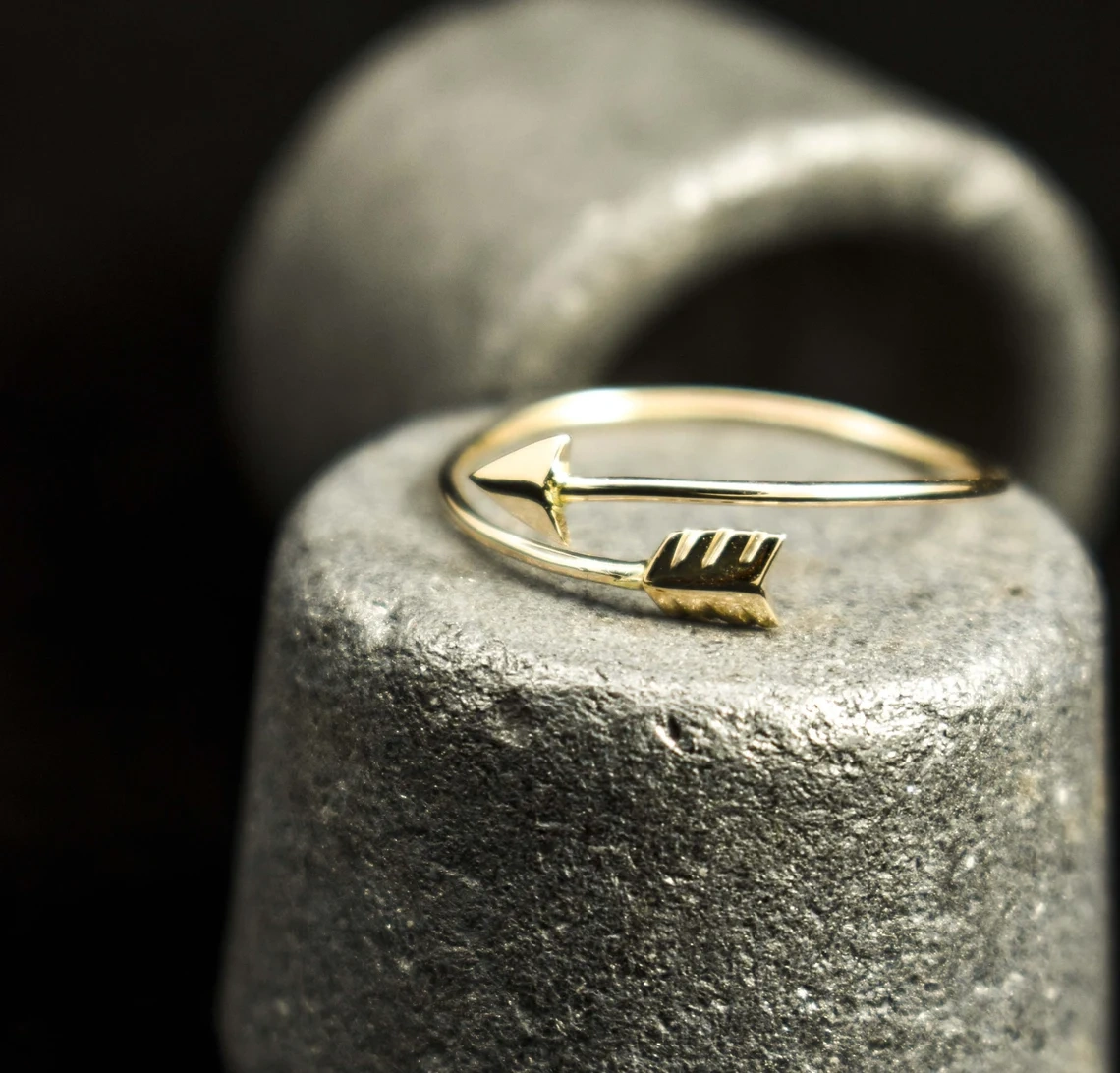 14K Solid Gold Arrow Ring Adjustable Boho Hippie Dainty Unique Minimalist Ring Light Weighted handmade Fine Ring Delicate Unisex Ring-10 3/4 US/Uk size – V-1