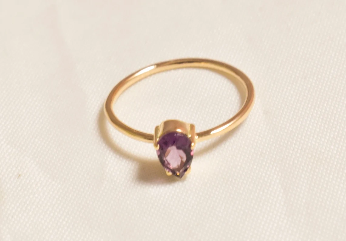 14k Solid Gold Pear Shape Faceted Amethyst Ring February birthstone Light Weighted Dainty Ring Handmade Gemstone Ring Gift for Her-11426592