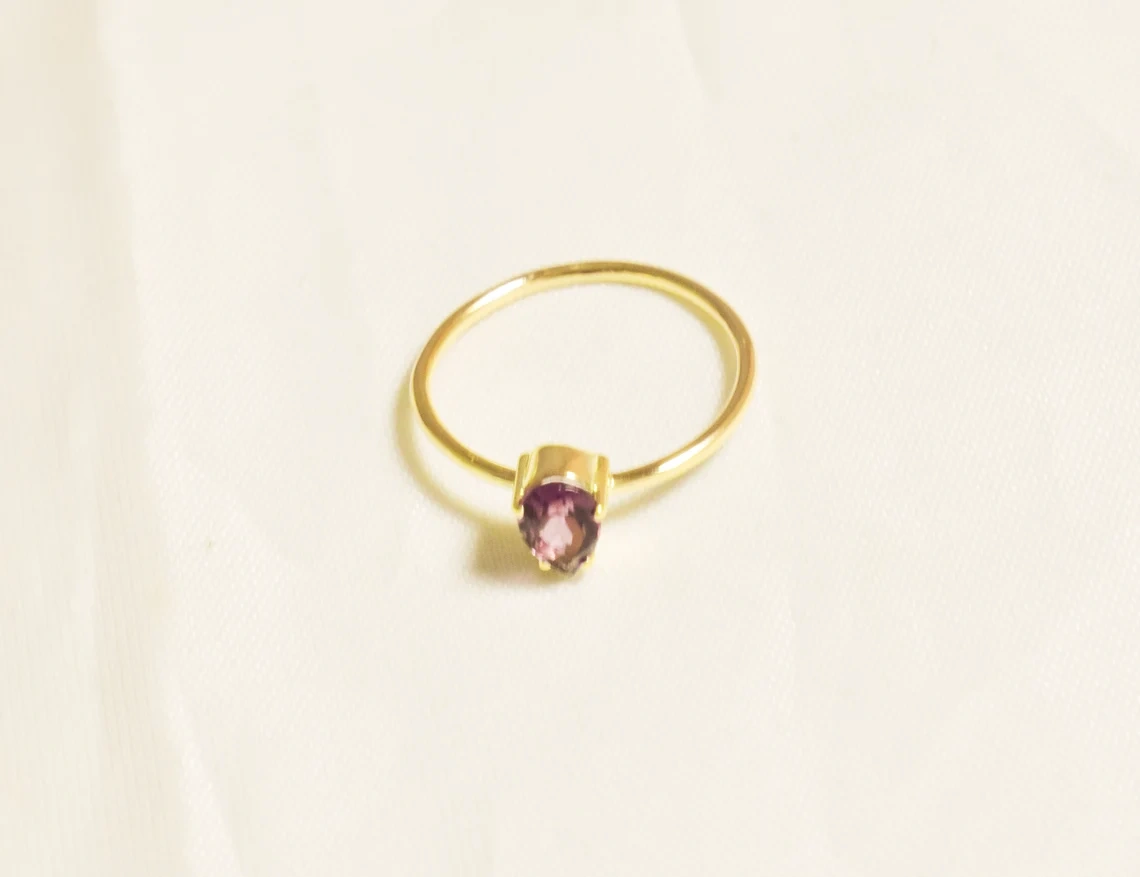 14k Solid Gold Pear Shape Faceted Amethyst Ring February birthstone Light Weighted Dainty Ring Handmade Gemstone Ring Gift for Her-10 3/4 US/Uk size – V-1