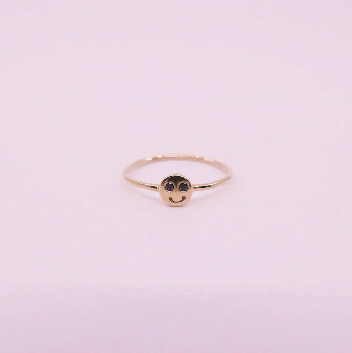 10K Solid Gold Dainty Smile Face Black Diamond Ring Minimalist Delicate Tiny Smiley Simple Unique Handmade Gold Unique Happy Stacking Ring-11426666