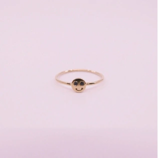 10K Solid Gold Dainty Smile Face Black Diamond Ring Minimalist Delicate Tiny Smiley Simple Unique Handmade Gold Unique Happy Stacking Ring