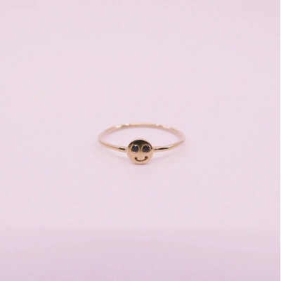 10K Solid Gold Dainty Smile Face Black Diamond Ring Minimalist Delicate Tiny Smiley Simple Unique Handmade Gold Unique Happy Stacking Ring