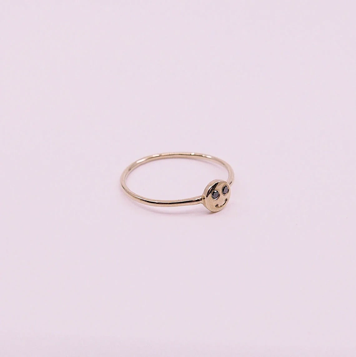 10K Solid Gold Dainty Smile Face Black Diamond Ring Minimalist Delicate Tiny Smiley Simple Unique Handmade Gold Unique Happy Stacking Ring-10 3/4 US/Uk size – V-1