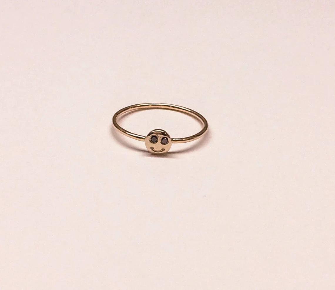 10K Solid Gold Dainty Smile Face Black Diamond Ring Minimalist Delicate Tiny Smiley Simple Unique Handmade Gold Unique Happy Stacking Ring-10 3/4 US/Uk size – V-3