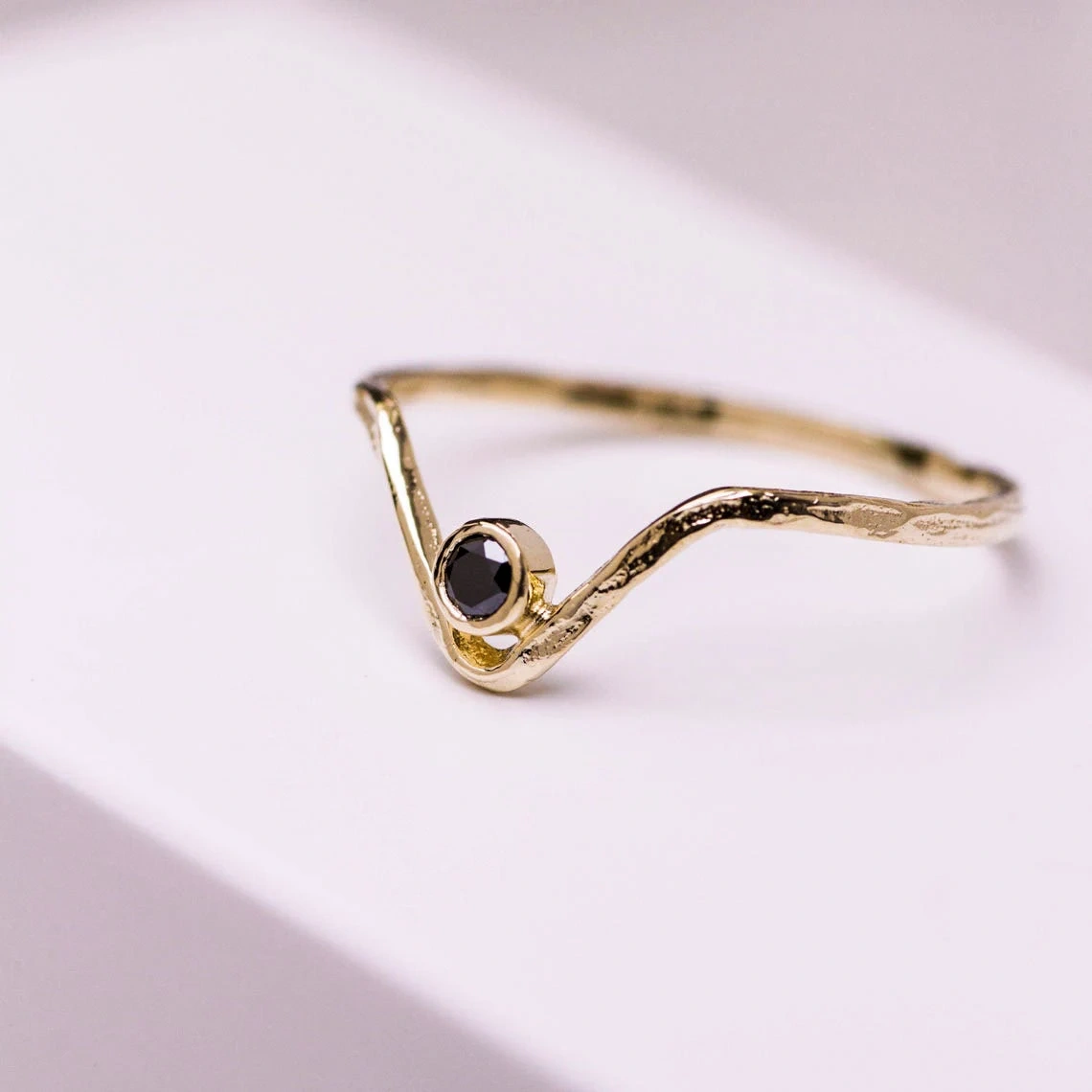 10K Solid Gold Chervron V Shape Hammered Black Diamond Ring Handmade Stacking Modernist Dainty Ring Minimalist Geometric Statement Band Ring-11426862