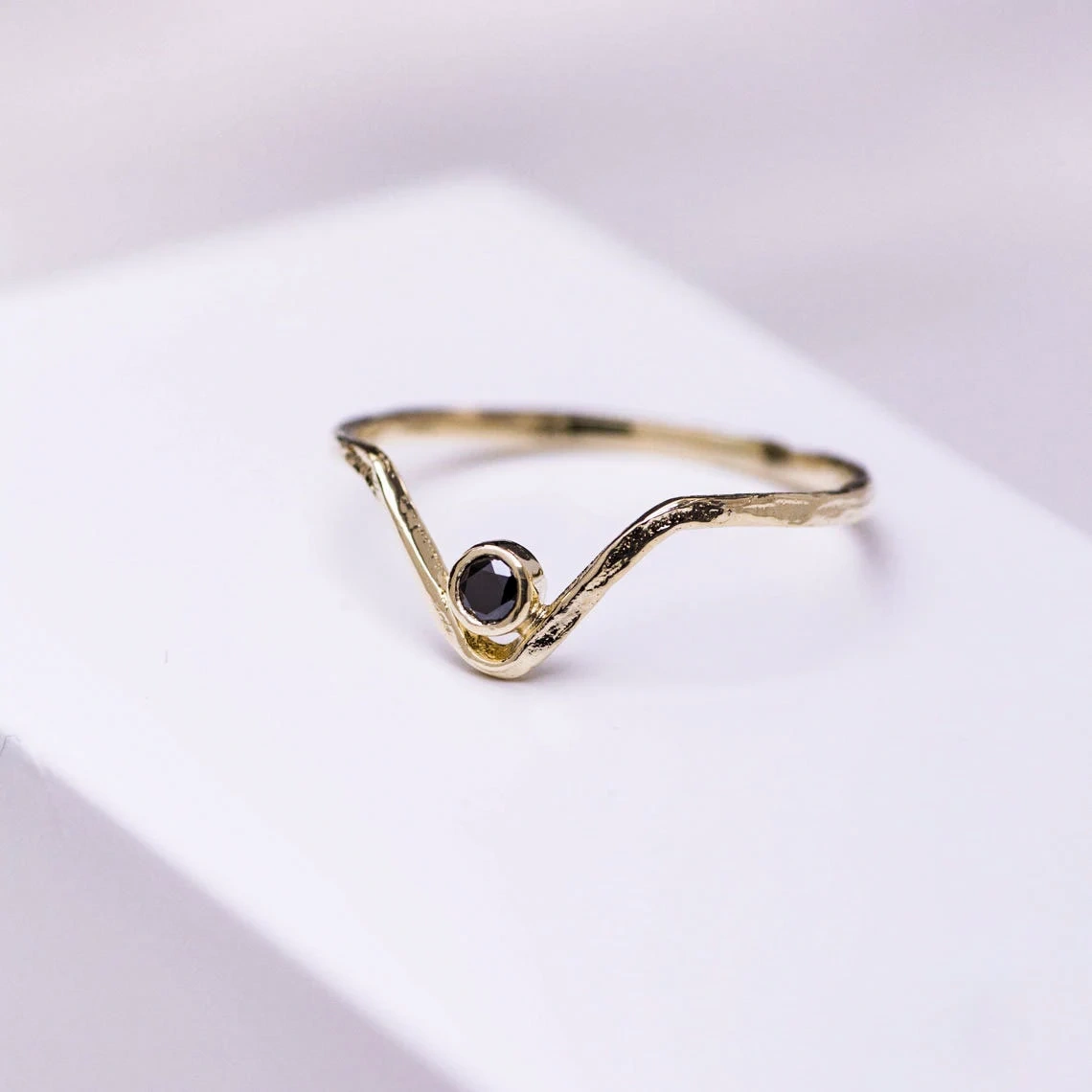 10K Solid Gold Chervron V Shape Hammered Black Diamond Ring Handmade Stacking Modernist Dainty Ring Minimalist Geometric Statement Band Ring-10 3/4 US/Uk size – V-2