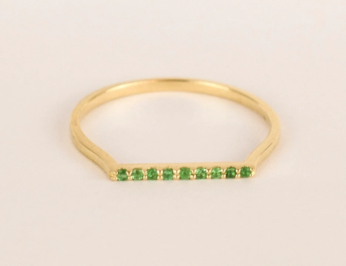 10K Solid Gold Tiny Round Inset Emerald Half Eternity Ring Handmade Stacking Gemstone Ring Dainty Minimal Statement Birthstone knuckle Ring-10 3/4 US/Uk size – V-1