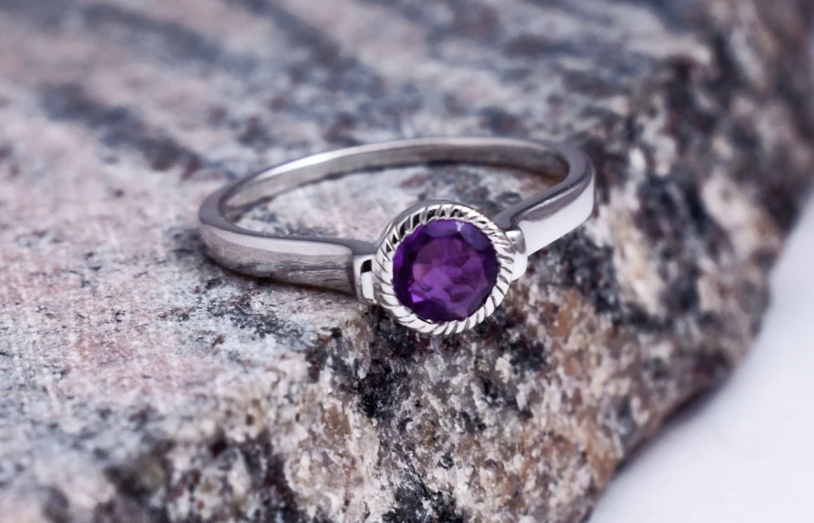 Natural Amethyst Round faceted Stone Ring, Renaissance Collection, Gemstone Ring, Dainty Semi Precious Gemstone Everyday Ring, Gift for Her-11427730