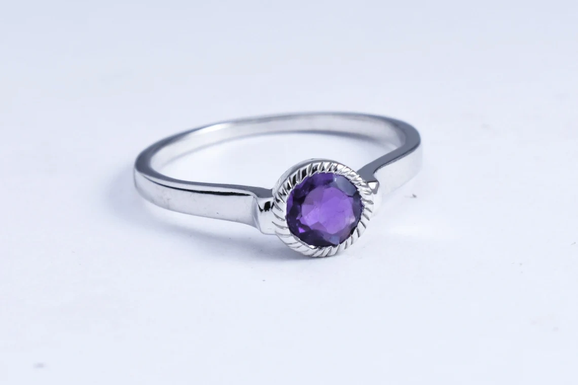 Natural Amethyst Round faceted Stone Ring, Renaissance Collection, Gemstone Ring, Dainty Semi Precious Gemstone Everyday Ring, Gift for Her-10 3/4 US/Uk size – V-2