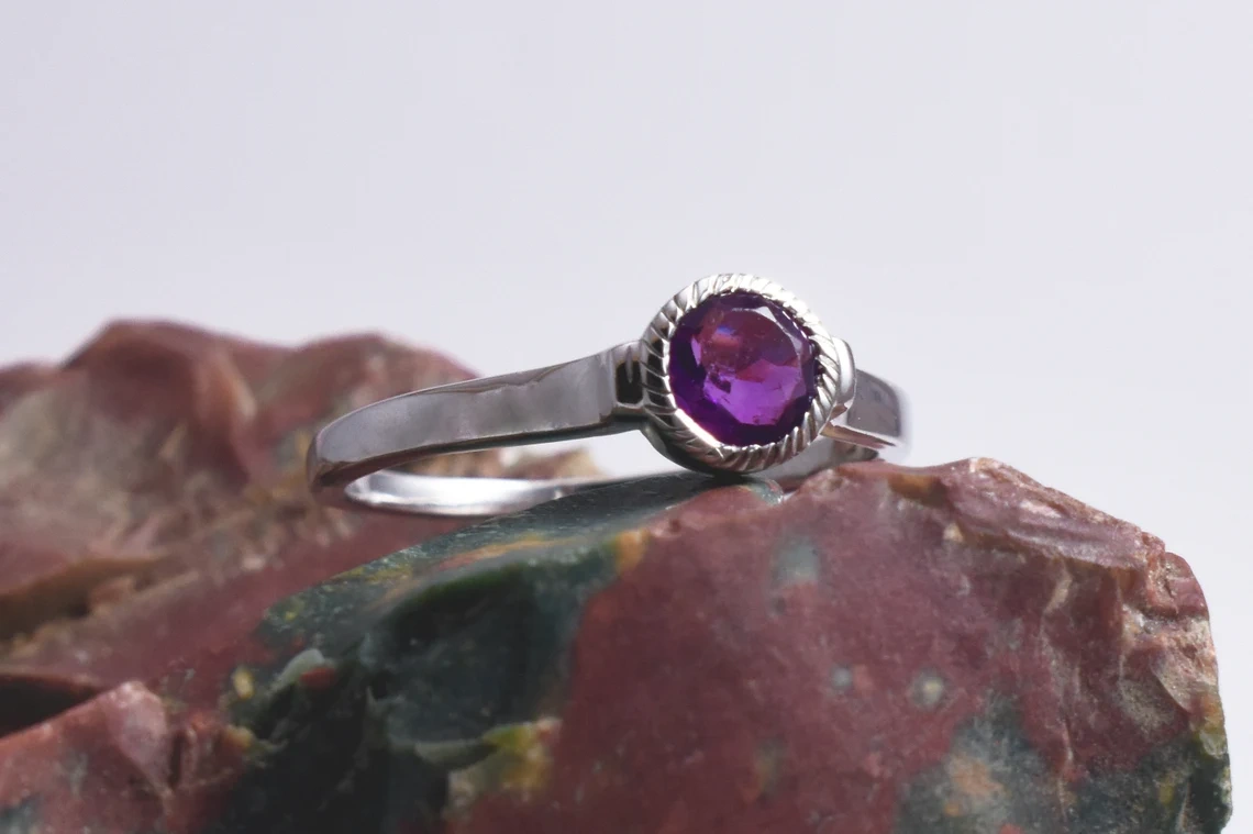 Natural Amethyst Round faceted Stone Ring, Renaissance Collection, Gemstone Ring, Dainty Semi Precious Gemstone Everyday Ring, Gift for Her-10 3/4 US/Uk size – V-5