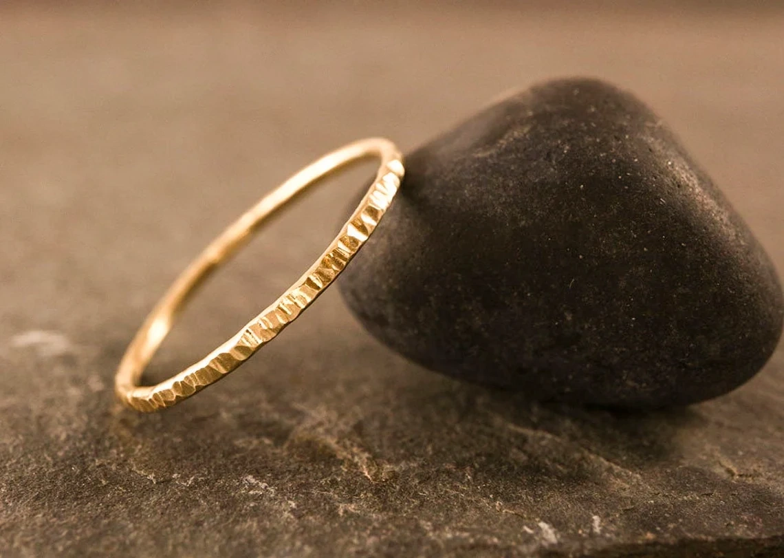 10K Solid Gold Hammered Bark Textured Ring Handmade Delicate Stacking Unique Thin Band Ring Dainty Minimalist Statement Knuckle Unisex Ring-11428092