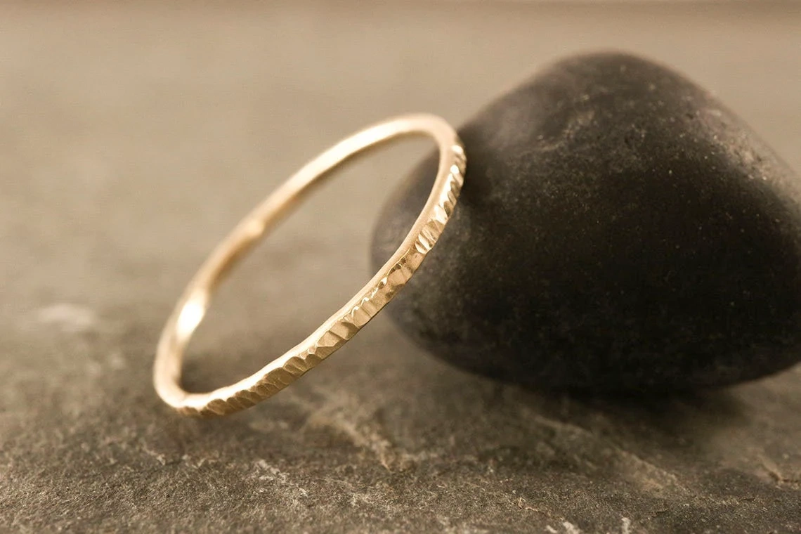 10K Solid Gold Hammered Bark Textured Ring Handmade Delicate Stacking Unique Thin Band Ring Dainty Minimalist Statement Knuckle Unisex Ring-10 3/4 US/Uk size – V-2