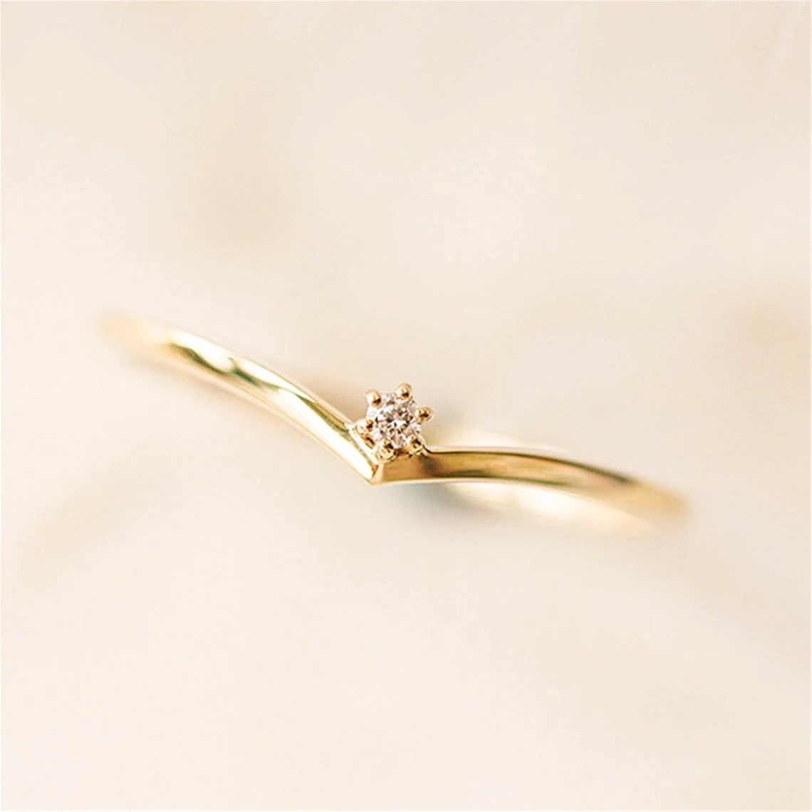 10K Solid Gold Chervron V Shape Diamond Ring Handmade Stacking Modernist Dainty Prong set Ring Minimalist Geometric pointy Statement Ring-11428746