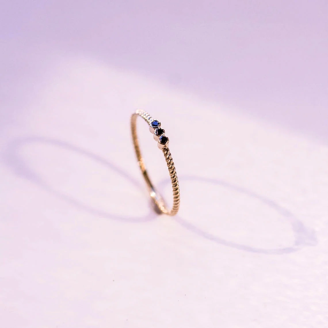 10K Solid Gold Tiny Black Diamond Ring Handmade Dainty Diamond Studded Delicate Stacking Gemstone Rope Ring Minimal Everyday Ring for Her-10 3/4 US/Uk size – V-2