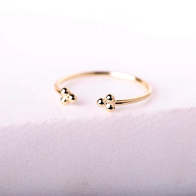 14K Solid Gold Dainty Three Ball Open Stacking Statement Adjustable Ring Love Minimalist Delicate Ring Simple Unique Handmade Open Bead Ring
