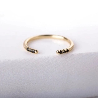 10K Solid Gold Inset Tiny Black Diamond Plain Cuff Ring Handmade Dainty Diamond Studded Delicate Stacking Gemstone Ring Minimal Open Band