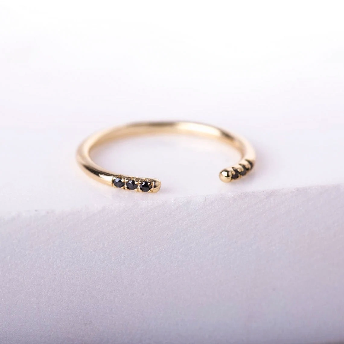 10K Solid Gold Inset Tiny Black Diamond Plain Cuff Ring Handmade Dainty Diamond Studded Delicate Stacking Gemstone Ring Minimal Open Band-10 3/4 US/Uk size – V-1