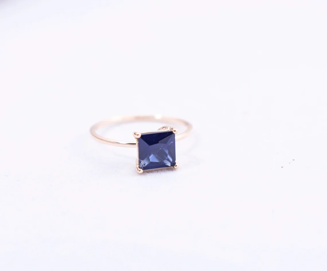 14k Solid Gold Square Iolite Faceted 4mm Princess Cut Iolite Ring September birthstone Simple Dainty Handmade Gemstone Ring Gift for Her-11431244