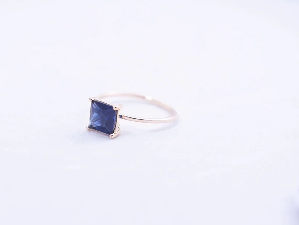 14k Solid Gold Square Iolite Faceted 4mm Princess Cut Iolite Ring September birthstone Simple Dainty Handmade Gemstone Ring Gift for Her-10 3/4 US/Uk size – V-1